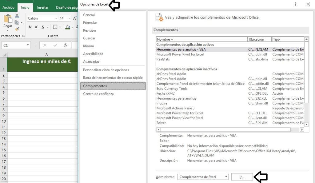 opciones y complementos de Excel