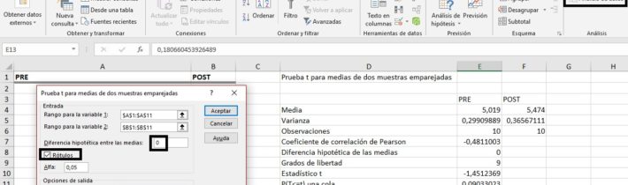 Comparativa de medias de muestras relacionadas en Excel